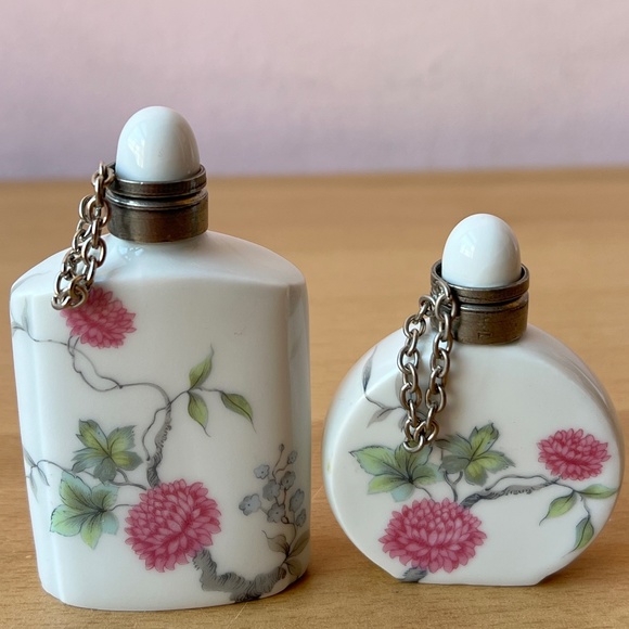 ANTIQUE VINTAGE LIMOGES FRANCE PORCELAIN PERFUME BOTTLES PINK PEONIES FLOWER 2PC - Picture 3 of 16